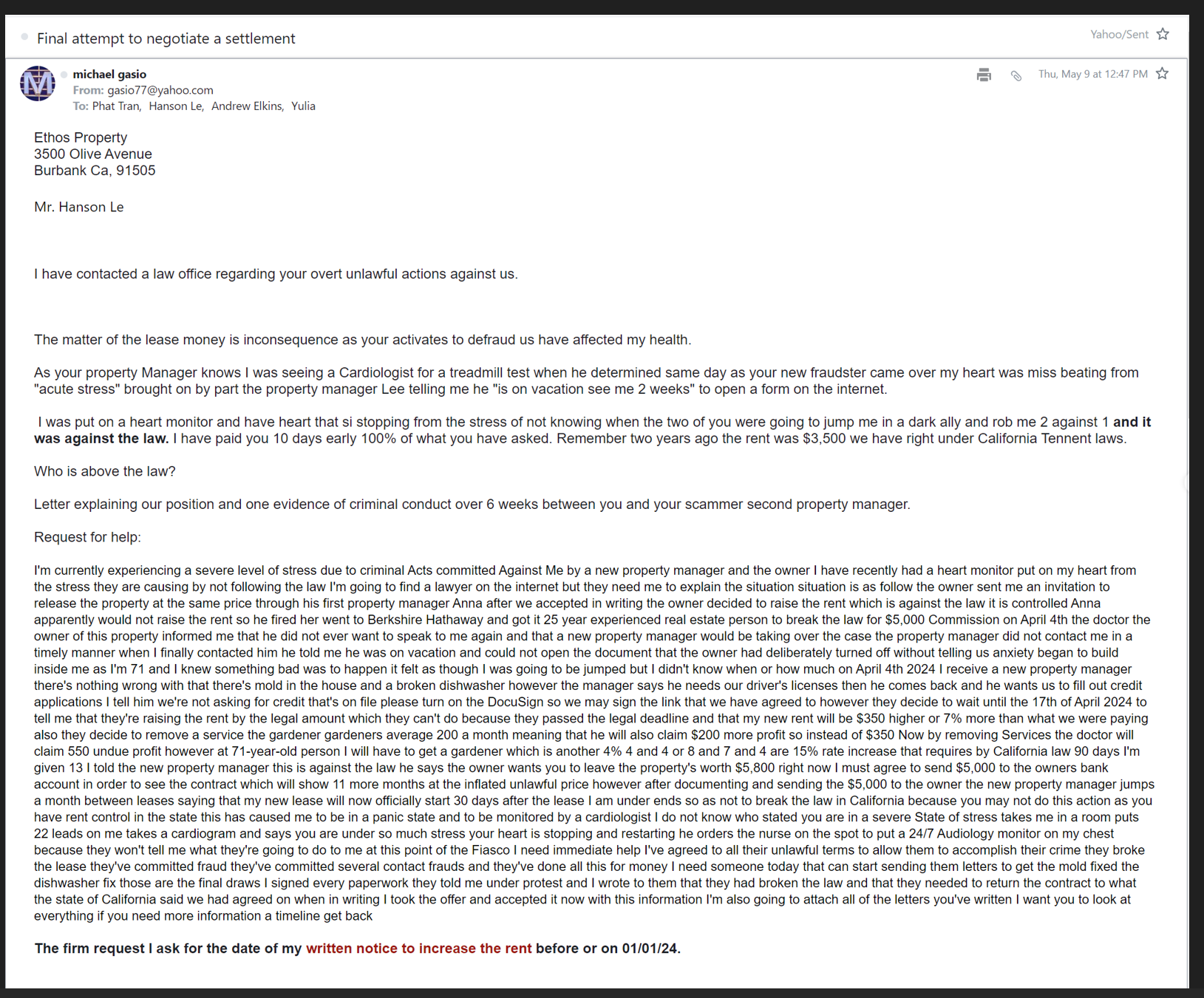 Tenant message regarding health, mold, and habitability concerns